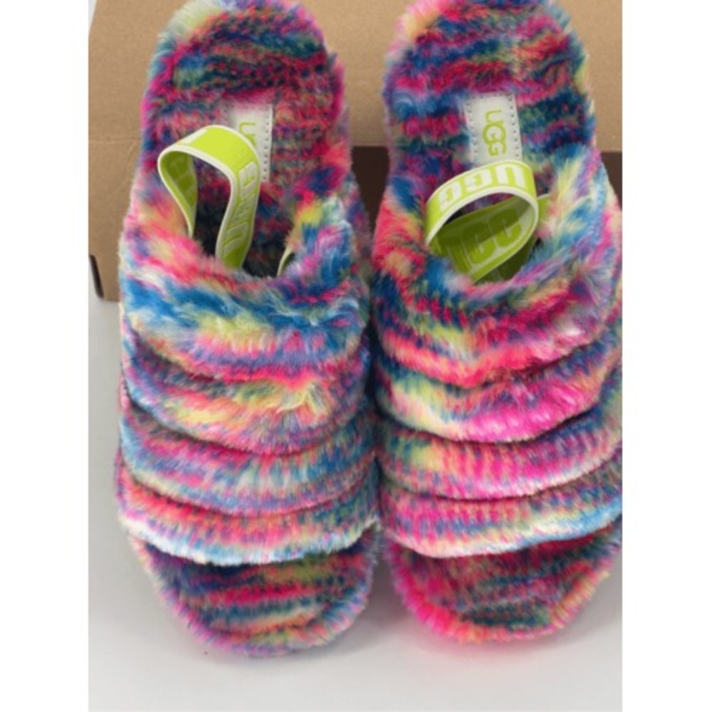 UGG Slippers Women 6 Rainbow Fluff Yeah Pixelate Faux Fur New‎ - Picture 6 of 8